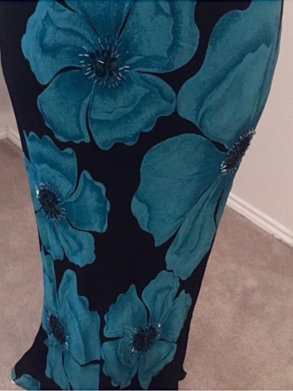 Vintage Y2K Dressbarn Blue Black Floral Beaded Maxi Dress L Whimsigoth Fairy - Picture 3 of 11